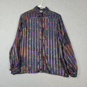 Vtg Yves St Clair Multicolor Artsy Print LS High Neck Button Up Blouse Womens 12